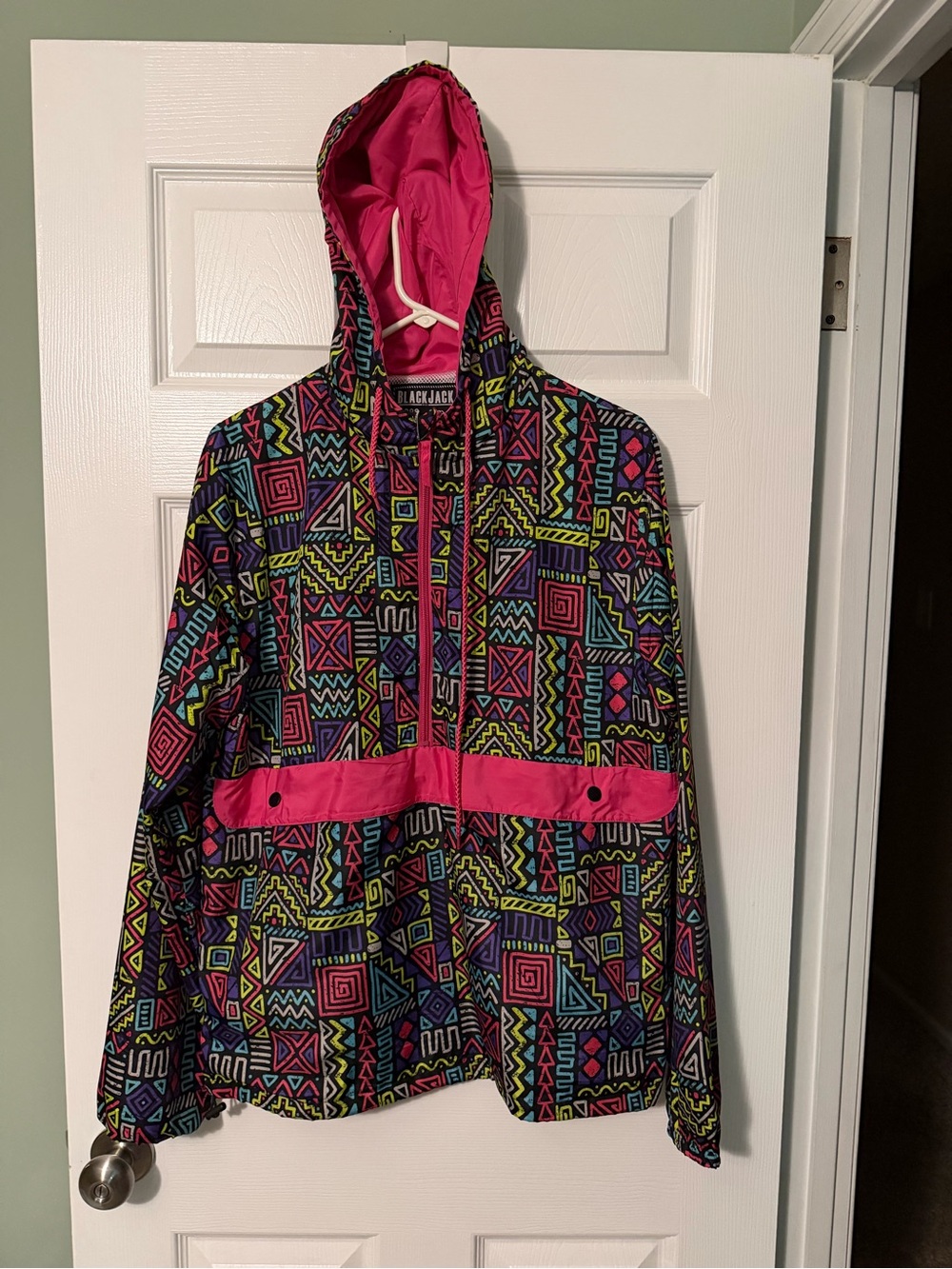Bright Pink Accent Geometric-Print Hooded Raincoat
